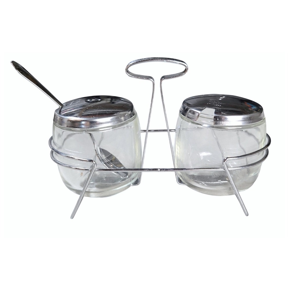 Vintage Foley MCM Stainless Glass Condiment Jam Jelly Jar Set Caddy & Spoon